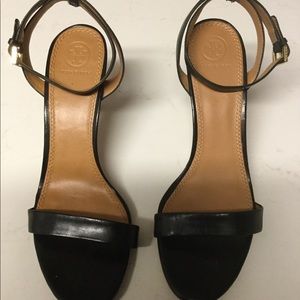 Tory Burch black leather/ gold logo sandals
